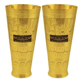 Pure Brass Punjabi Flower Embossed Design Lassi Glass Tumbler, Drink ware (1050ml) Set of 2 - CROCKERY WALA AND COMPANY